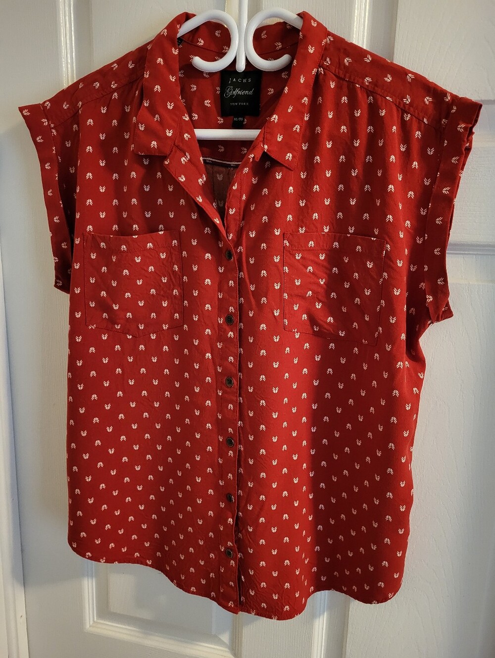 Jachs Girlfriend , Red Cap-Sleeve Button-Down Shirt with Subtle White Print